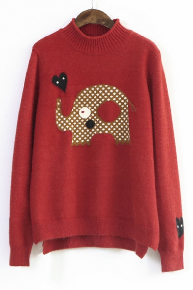 Cute Elephant Print Round Neck Long Sleeve High Low Hem Pullover Sweater
