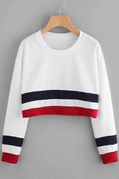 Fashion Color Block Print Long Sleeve Round Neck Cropped Pullover Sweatshirt