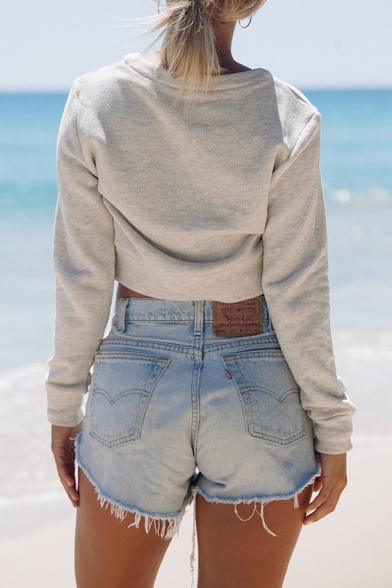 Fashion Lace-Up Front Long Sleeve Round Neck Plain  Cropped Pullover Sweatshirt