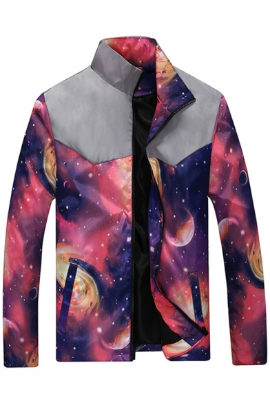 Galaxy Printed Color Block Stand-up Collar Long Sleeves Zippered Jacket with Pockets