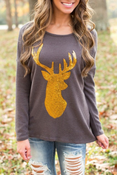 New Fashion Leisure Deer Print Round Neck Long Sleeve T-Shirt