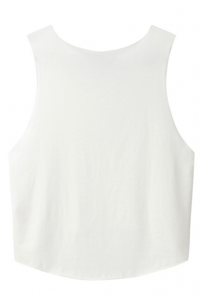 New Fashion Simple Letter Print Round Neck Dipped Hem Sleeveless Cropped Tank