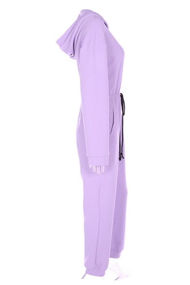 New Fashion Simple Plain Long Sleeve Hooded Zip Up Jumpsuit
