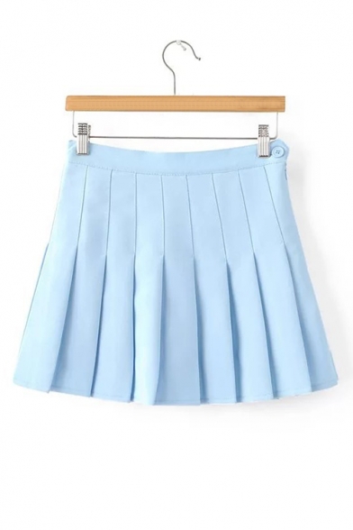 New Fashion Simple Plain Zip-Fly Pleated Mini Skirt