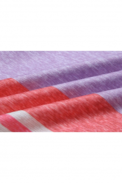 New Stylish Color Block Striped Print Round Neck Long Sleeve Asymmetric Tee