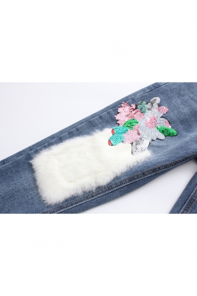 New Stylish Faux Fur Sequined Embellished Zip Fly Jeans