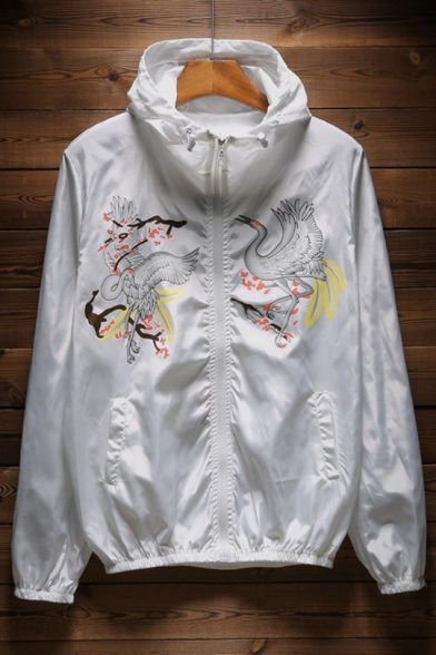 New Stylish Red-Crowned Crane Floral Print Zip Up Long Sleeve Sun-Proof Hoodie Coat