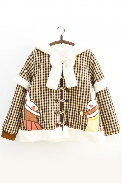 Rabbit Gingham Double-Breasted Layered Sleeve Faux Fur Trimmed & Padded Hooded Zippered Coat with Bow