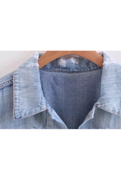 Retro Simple Plain Lapel Long Sleeve Buttons Down Denim Jacket