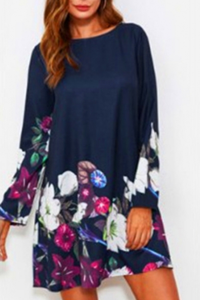 Round Neck Long Sleeve Floral Printed Mini Swing Dress