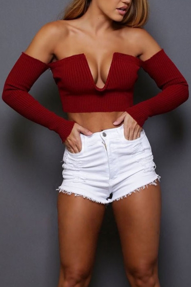 Sexy V-Neck Off the Shoulder Long Sleeve Cropped Sweater