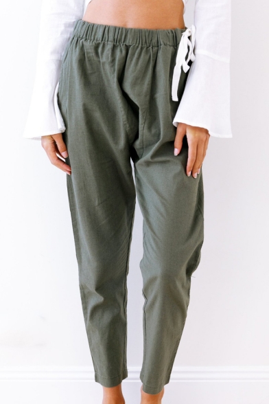 New Simple Drawstring Mid Waist Crop Tapered Pants