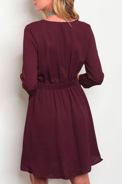 Simple Elegant Plunge Neck 3/4 Sleeves Elastic Waistband Flared Mini Wrap Dress