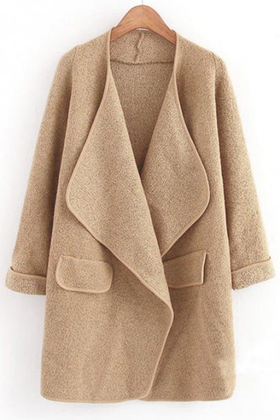 Simple Plain Open Front Long Sleeve Trench Coat