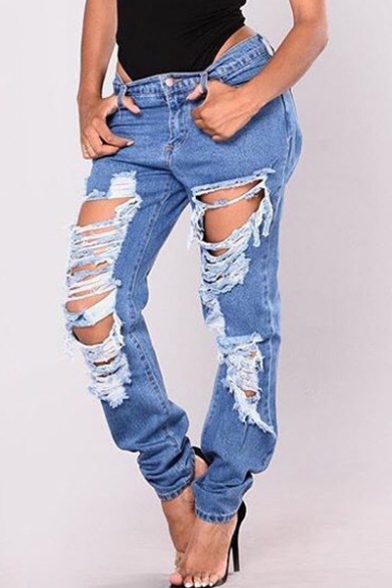 Stylish Low Rise Zipper Fly Ripped Boyfriend Jeans - Beautifulhalo.com