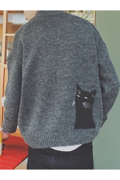 Cartoon Cat Print Mock Neck Long Sleeve Pullover Sweater