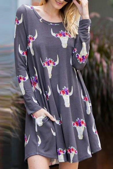 Chic Floral Pattern Round Neck Long Sleeve Swing Mini Dress