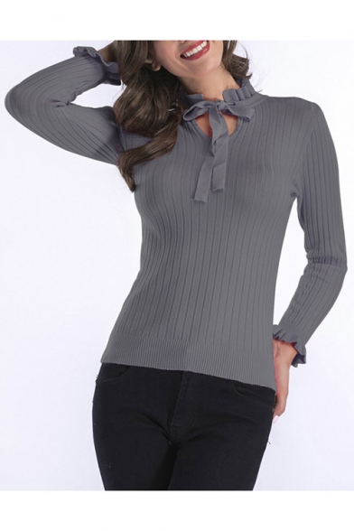Chic Simple Plain Ruffle Hem Bow Front Long Sleeve Slim Sweater