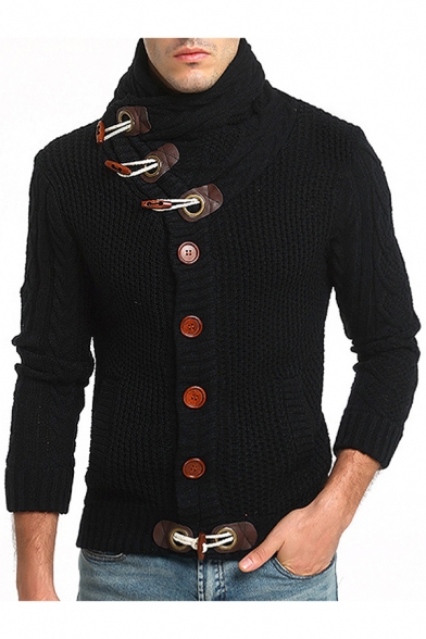 Chic Turtleneck Long Sleeve Single-Breasted Knitted Cardigan with Pockets