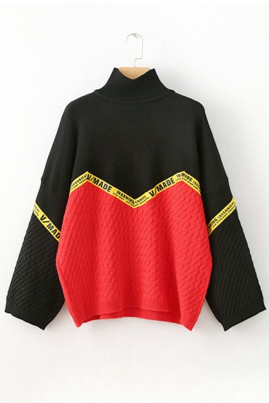 Color Block Letter Print Long Sleeve Turtleneck Pullover Sweater