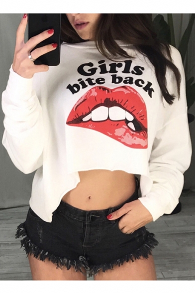 Letter Cartoon Mouth Print Round Neck Long Sleeve Cropped Pullover Sweatshirt
