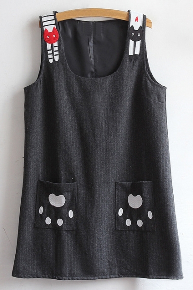 

New Fashion Cartoon Cat Embroidered Paw Pocket Detail Sleeveless Tank Mini Dress, Black;dark blue