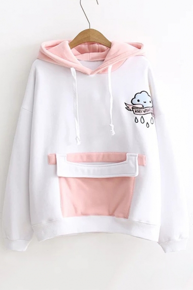 New Fashion Color Block Cartoon Cloud Embroidered Long Sleeve Hoodie