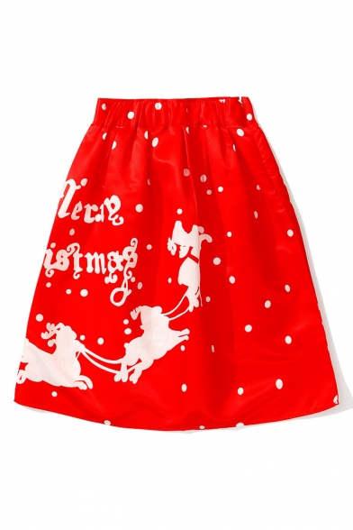 New Fashion Christmas Santa Cartoon Letter Print A-Line Midi Skirt