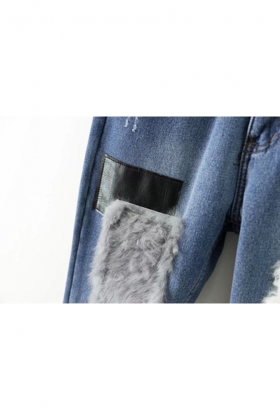 New Stylish Color Block Faux Fur Zip Fly Jeans
