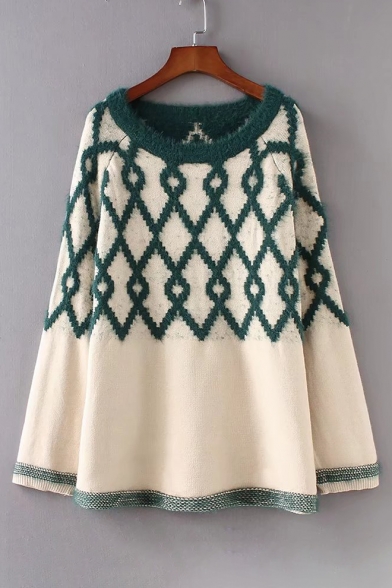 New Stylish Color Block Print Round Neck Long Sleeve Pullover Sweater