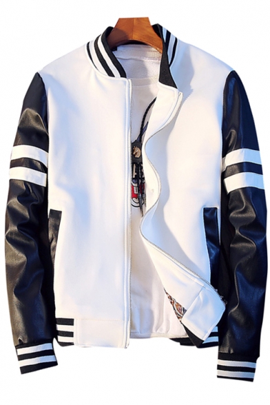 New Stylish Color Block Print Stand-Up Collar Long Sleeve Baseball Jacket