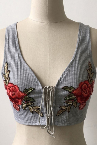 New Stylish Embroidery Floral Pattern Lace-Up Cropped Tank
