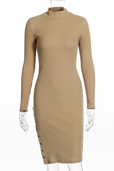 New Stylish Long Sleeve Mock Neck Simple Plain Split Side Bodycon Dress