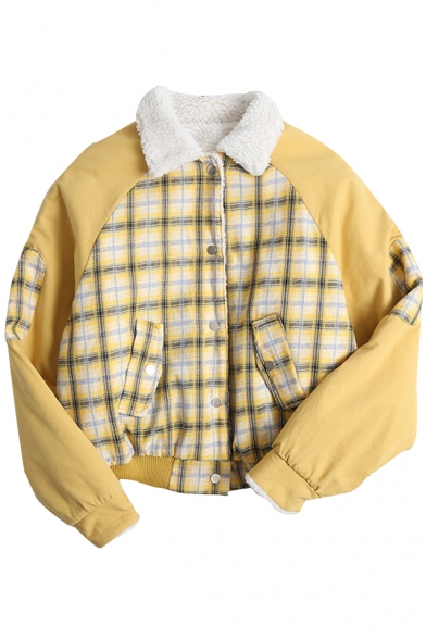 Old-School Cashmere-Padded Plaids Patchwork Flap-Pockets Long Sleeve Buttons Front Baseball Jacket