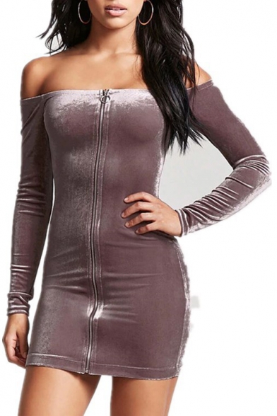 Sexy Cold Shoulders Long Sleeves Zip-Front Slim-Fit Bodycon Velvet Mini Dress