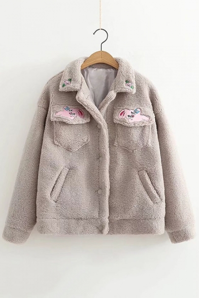 Simple Cartoon Embroidered Lapel Long Sleeve Buttons Down Coat