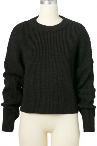 Simple Crew Neck Long Sleeves Ribbed Knitted Pullover Sweater