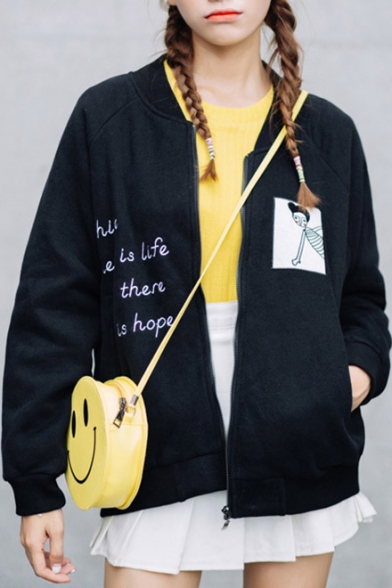 Simple Letter Cartoon Embroidered Stand-up Collar Long Sleeves Zippered Baseball Jacket with Pockets