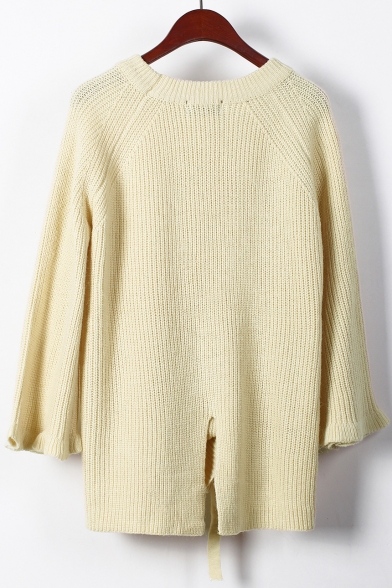 Simple Plain Ruffle Hem Long Sleeve Pullover Loose Sweater