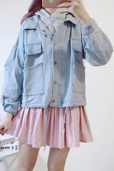 Simple Plain Sleeveless Hoodie Lapel Long Sleeve Buttons Down Two Pieces Denim Jacket