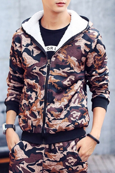 Sportive Camouflaged Quilted Hooded Zippered Slim-Fit Long Sleeves Elastic Waist Co-ords