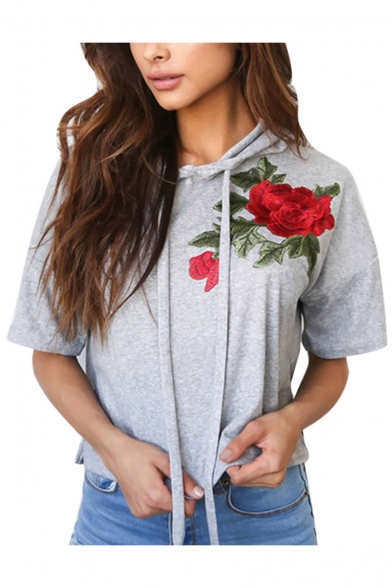 

Casual Rose Floral Embroidery Short Sleeves Pullover Loose Hoodie, Pink;gray, LC456241