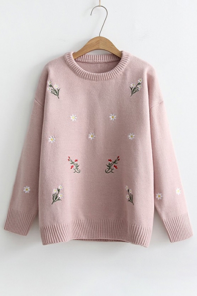 Chic Floral Embroidered Round Neck Long Sleeve Sweater