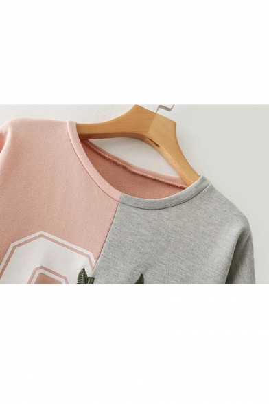 Chic Rose Embroidered Color Block Round Neck Long Sleeve Pullover Sweatshirt