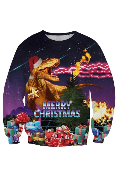 Christmas Dinosaur Patterned Round Neck Long Sleeve Sweatshirt