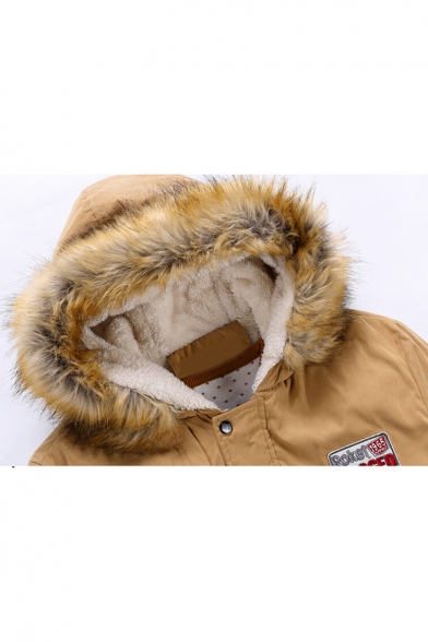 Fashion Faux Fur Embellished Hood Long Sleeve Zipper Print Tunic Coat
