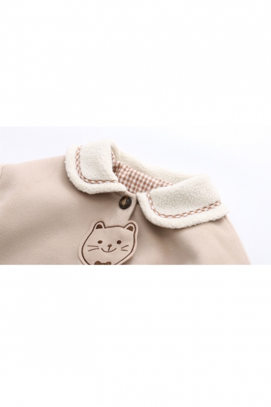 Lovely Cat Embroidered Lapel Long Sleeve Buttons Down Woolen Coat