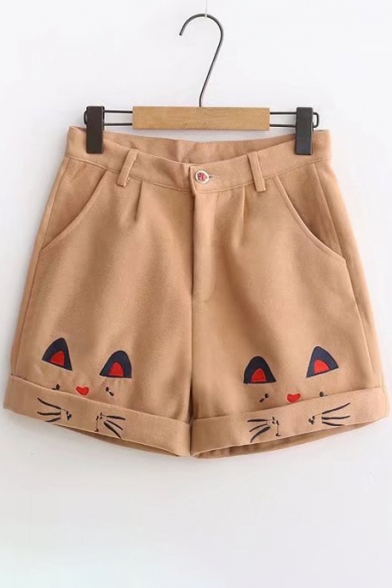 New Fashion Lovely Cat Embroidered Zip Fly Turn Up Shorts