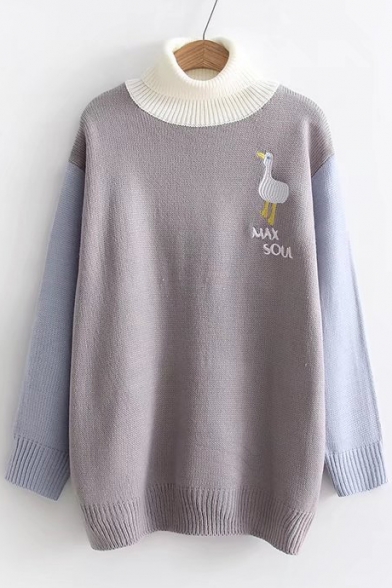 New Stylish Color Block Duck Print Turtleneck Long Sleeve Sweater