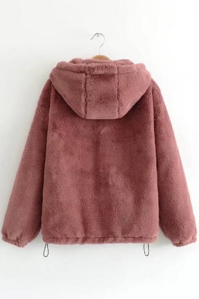New Stylish Faux Fur Plain Zipper Long Sleeve Hooded Coat